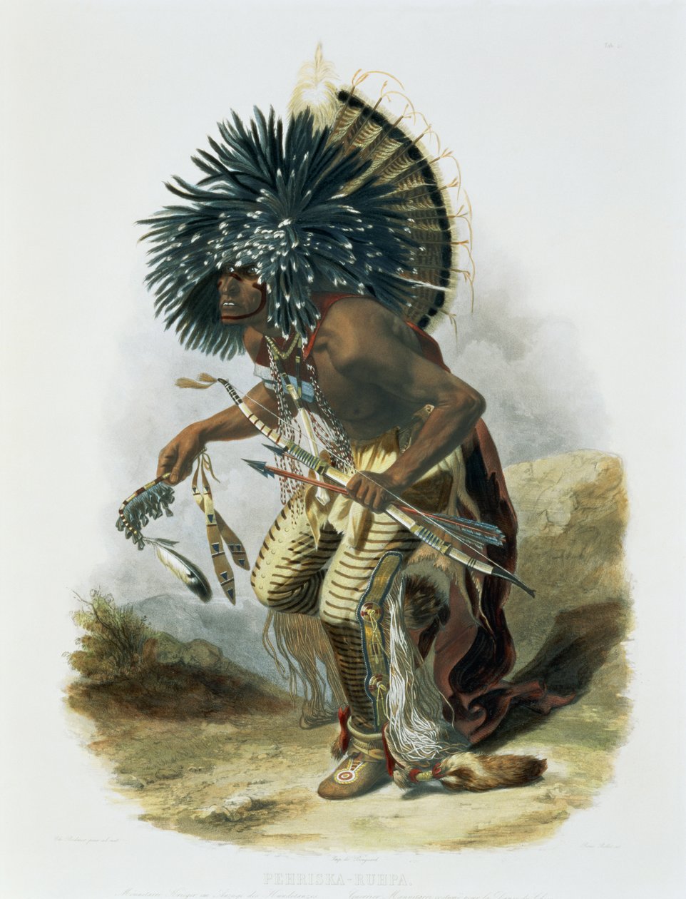 Pehriska-Ruhpa, Guerreiro de Minatarre no figurino da dança do cão, gravura 23 de Volume 2 de "Viagens no Interior da América do Norte", gravada por Rene Rollet, 1844 (aquatint) de Karl Bodmer
