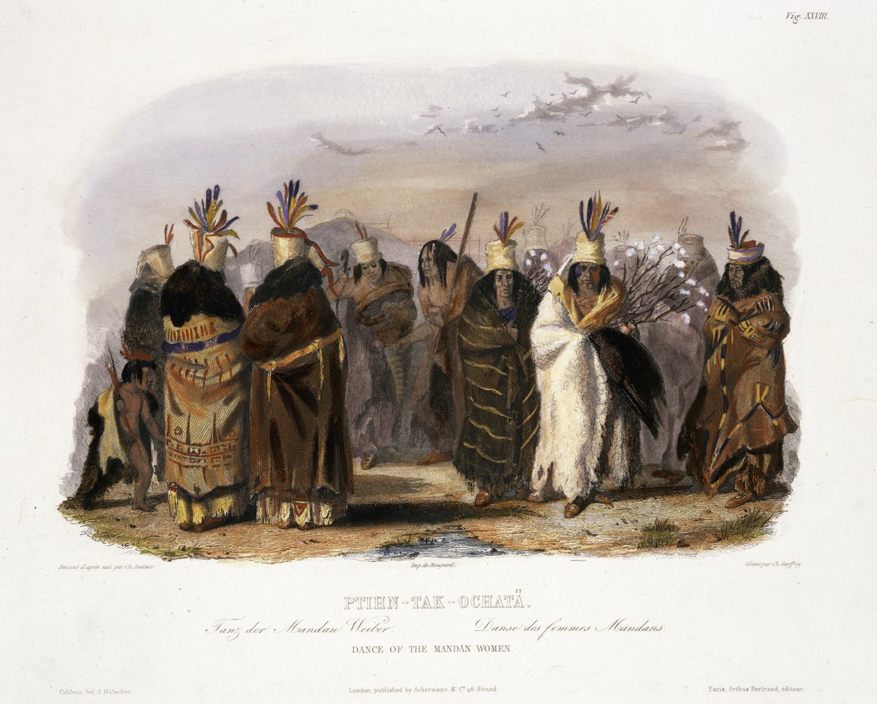 Ptihn-Tak-Ochata, Dança das Mulheres Mandan, chapa 28 do Volume 1 de &39;Viagens no Interior da América do Norte&39;, gravada por Charles Geoffroy (1819-82) 1843 (aquatint) de Karl Bodmer