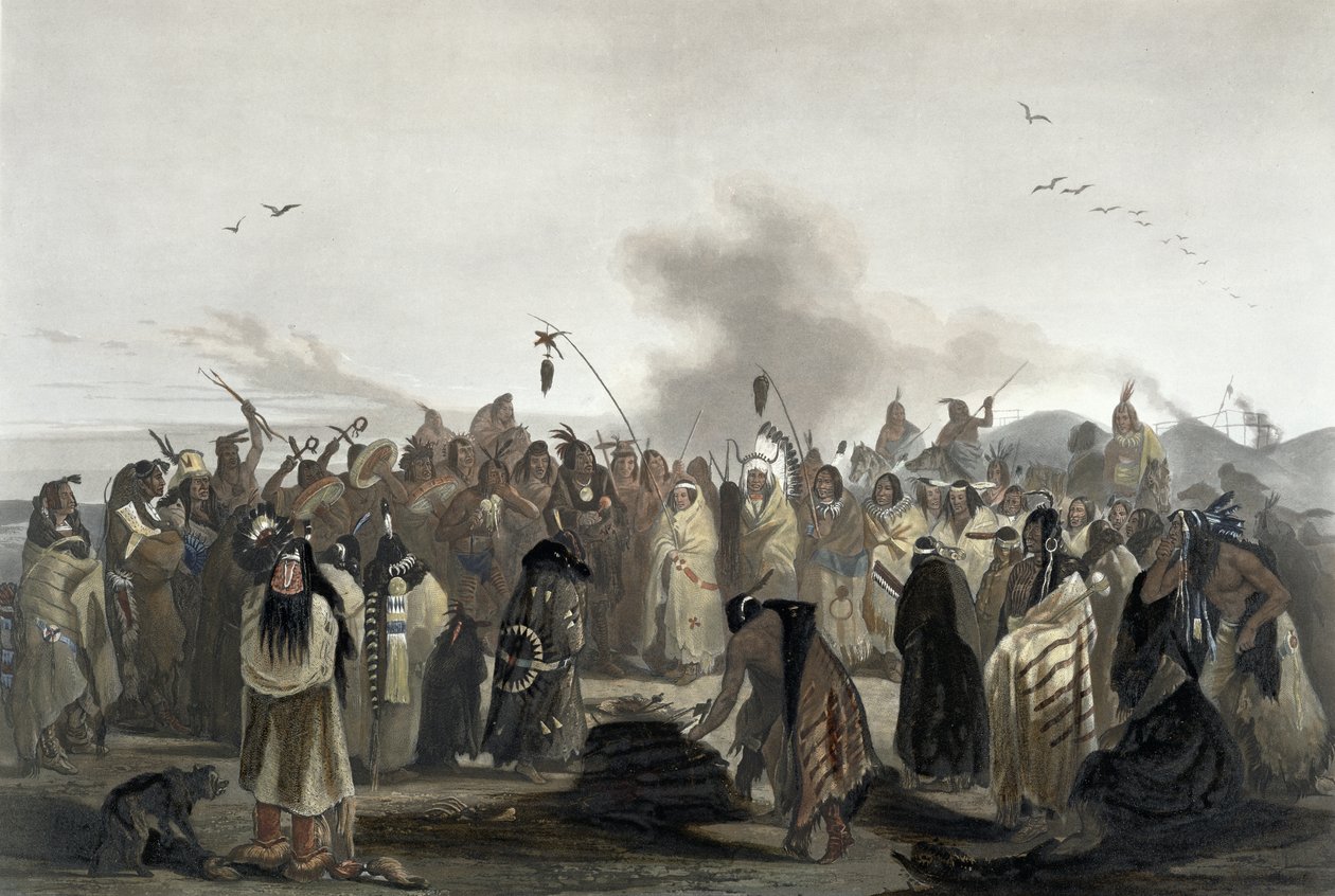 Dança do couro cabeludo dos Minatarres, prato 27 do volume 2 de &39;Viagens no Interior da América do Norte&39;, gravado por Carl Vogel (1816-51) 1844 (aquatint) de Karl Bodmer