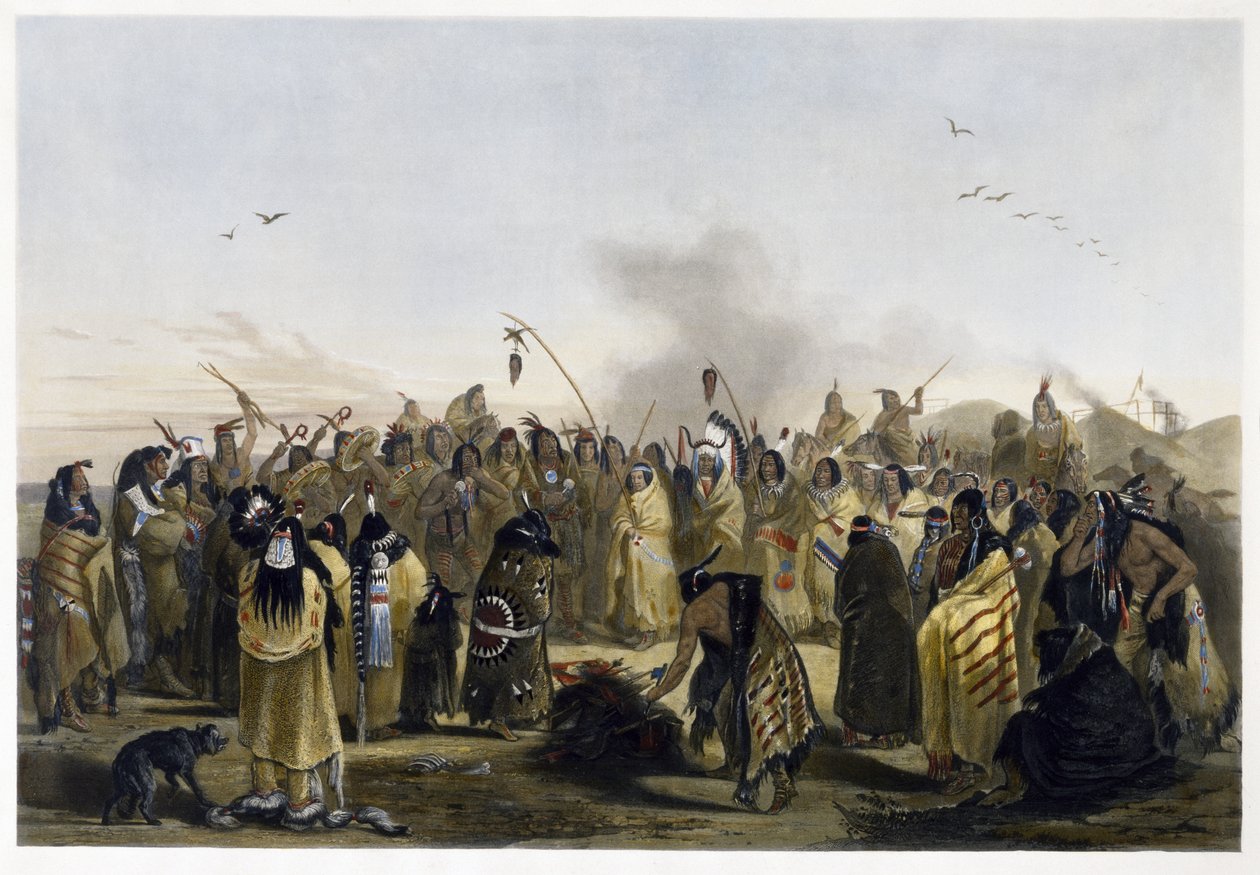 Dança do couro cabeludo dos Minitarres, 1843-1844 (aquatint) de Karl Bodmer