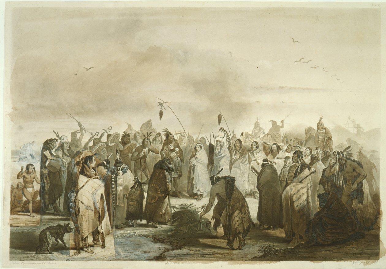 Dança do couro cabeludo dos Minatarres, c.1833-43 (lápis, caneta e wc no papel) de Karl Bodmer