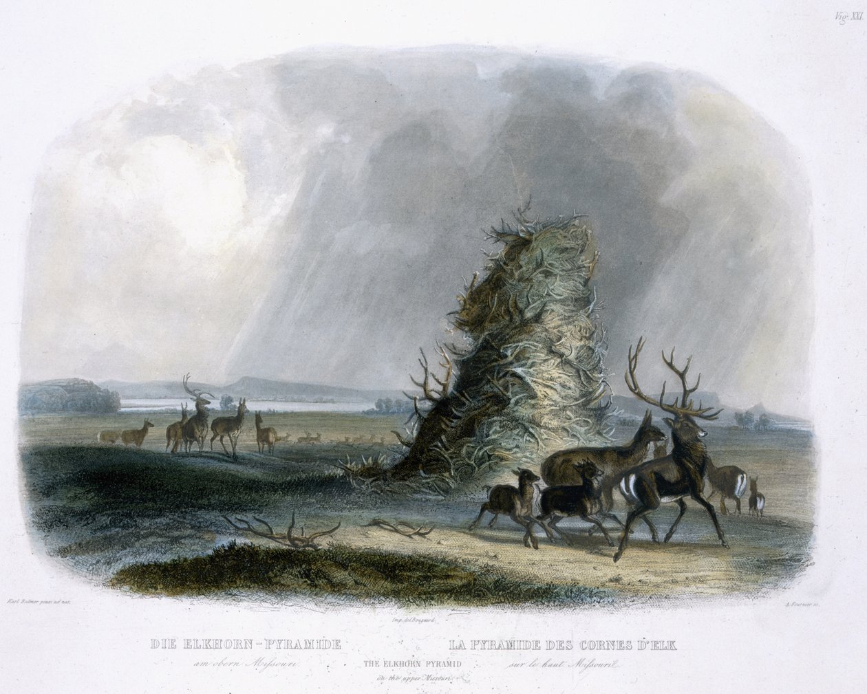 A Pirâmide Elkhorn no Alto Missouri, placa 21 do volume 1 de "Viagens no Interior da América do Norte", gravada por A. Fournier, 1843 (aquatint) de Karl Bodmer
