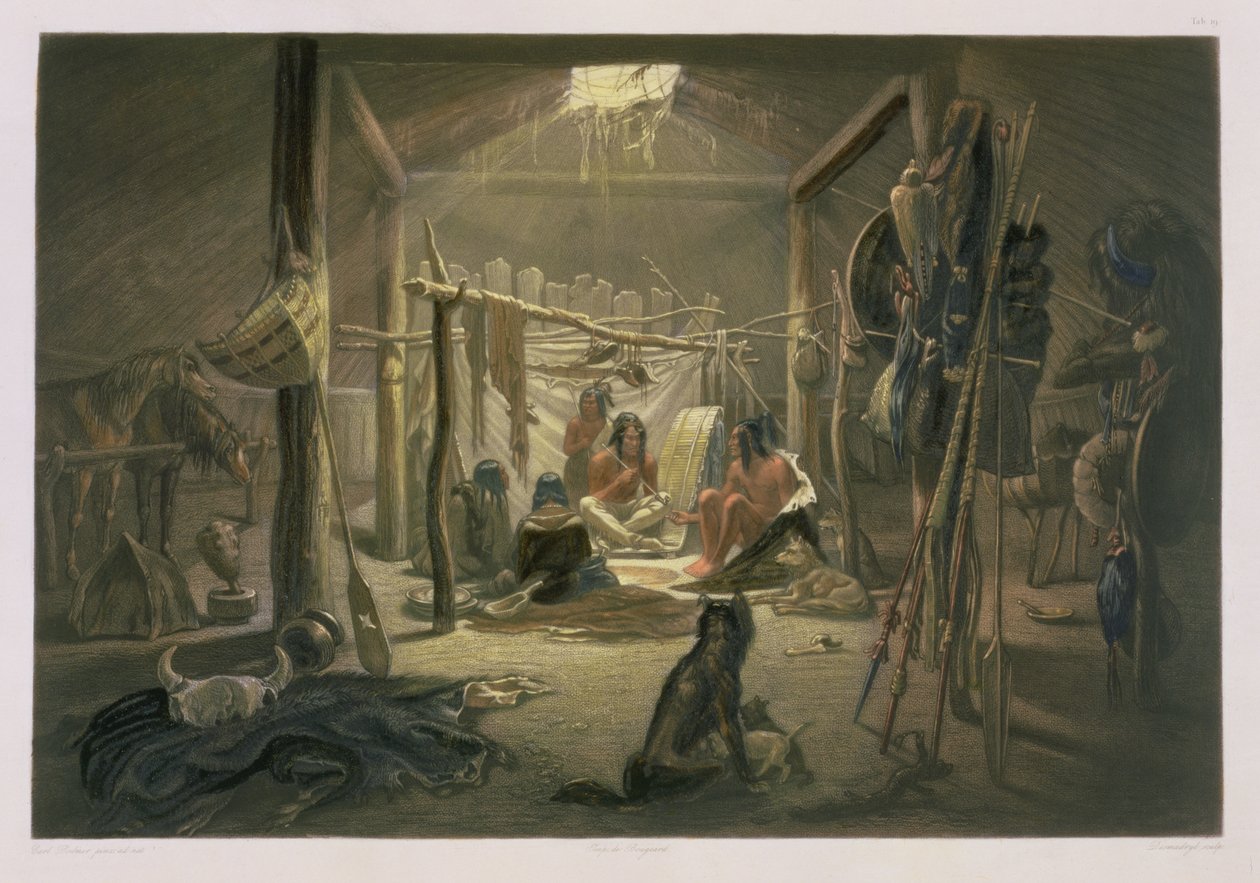 O Interior da Cabana de um Chefe Mandan, prato 19 do Volume 2 de &39;Viagens no Interior da América do Norte&39;, gravado por Narcisse Desmadryl, 1844 (aquatint) (ver 29098 para detalhes) de Karl Bodmer