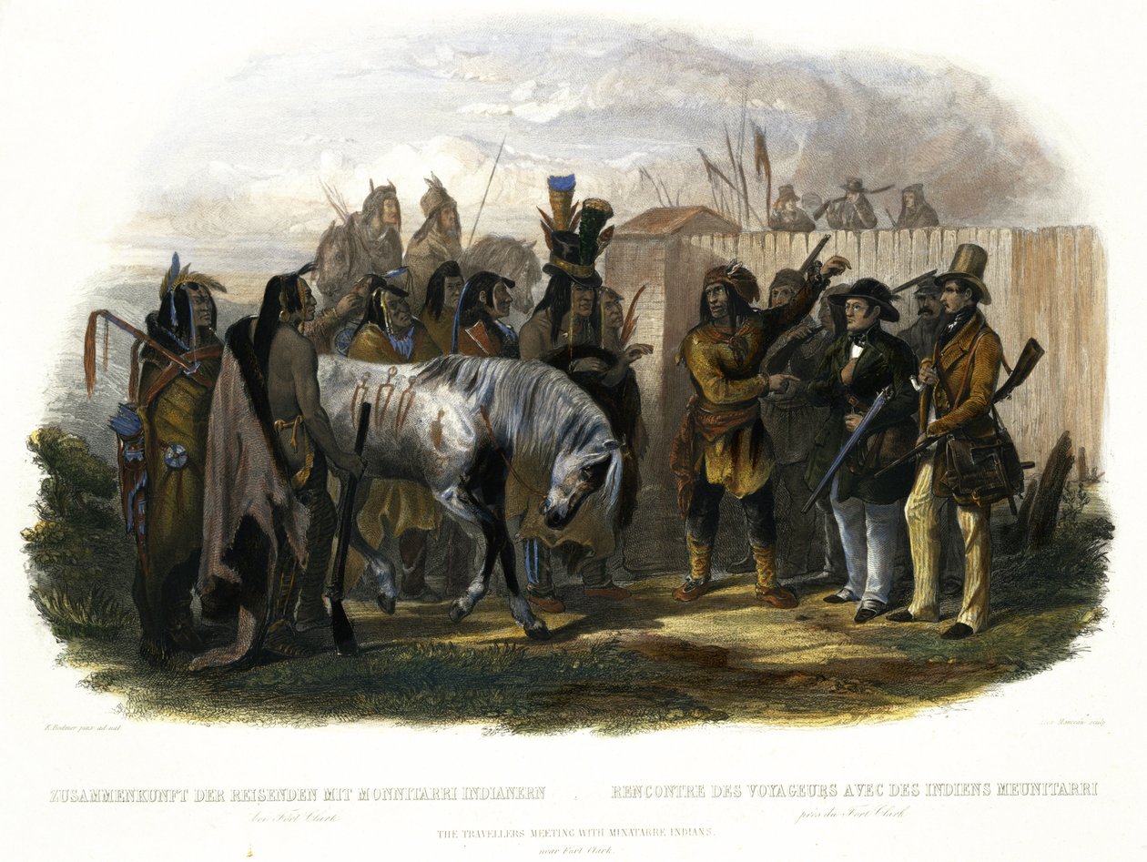 O Encontro dos Viajantes com os Índios de Minarre perto de Fort Clark, placa 26 do Volume 1 de &39;Viagens no Interior da América do Norte&39;, gravado por Alexandre Manceau, 1843 (aquatint) de Karl Bodmer