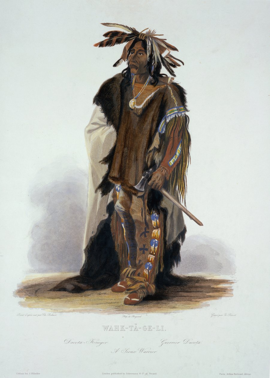 Wahk-Ta-Ge-Li, um Guerreiro Sioux, prato 8 do Volume 2 de &39;Viagens no Interior da América do Norte&39;, gravado por Z. Prevost, 1844 (aquatint) de Karl Bodmer