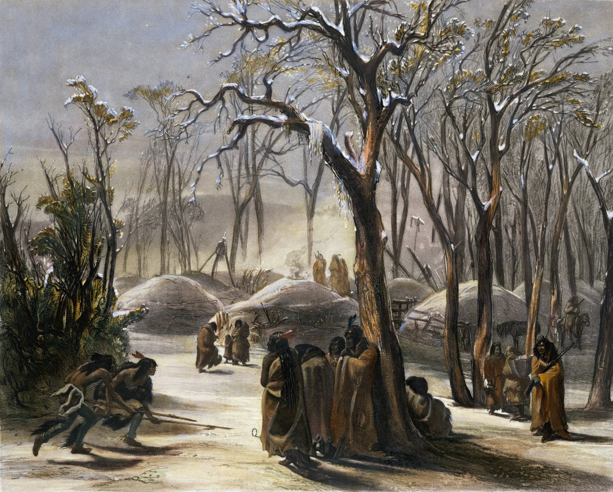 Aldeia de Inverno dos Minatarres, placa 26 do Volume 2 de &39;Viagens no Interior da América do Norte&39;, gravada por Narcisse Desmadryl, 1844 (aquatint) de Karl Bodmer