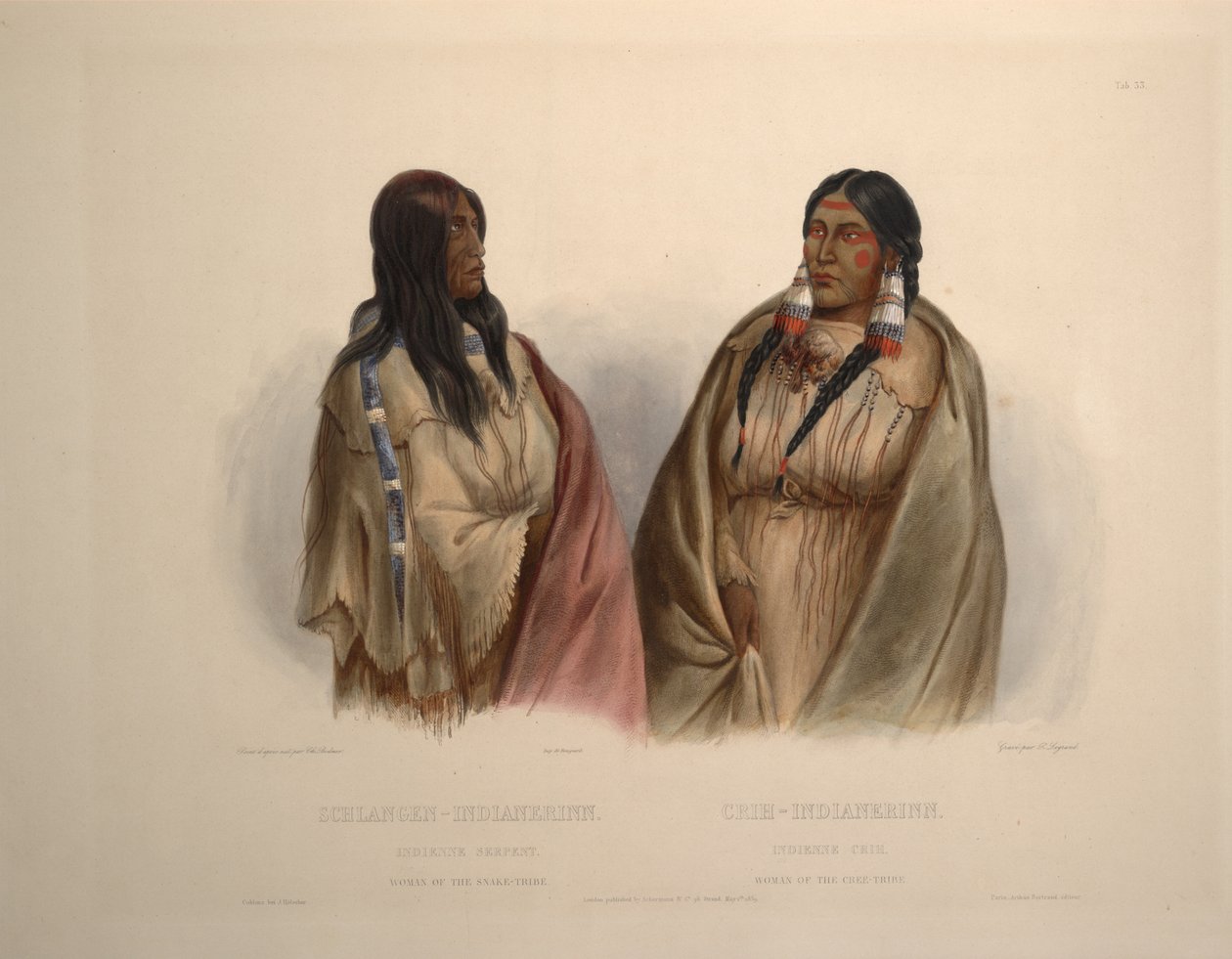 Mulher da tribo Snake e mulher da tribo Cree de Karl Bodmer
