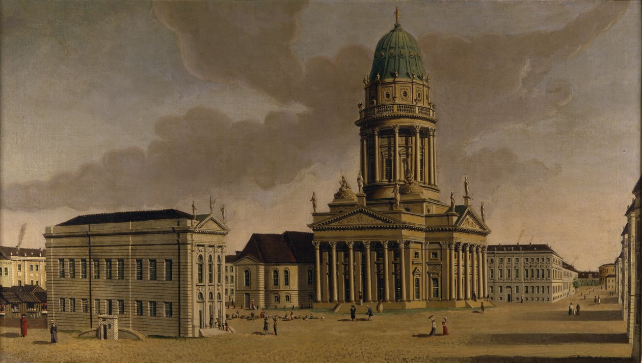 O Gendarmenmarkt com o teatro e a catedral franceses, Berlim, 1788 de Karl Friedrich Fechhelm