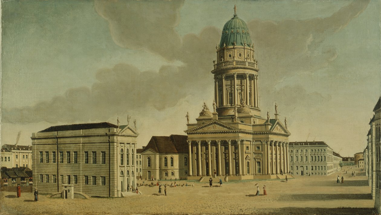 Vista, gendarmenmarkt, francês, teatro, catedral, berlim, 1788 de Karl Friedrich Fechhelm