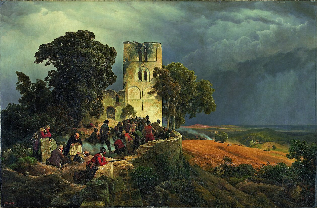 A defesa de cerco de um pátio da igreja durante a Guerra dos Trinta Anos de Carl Friedrich Lessing