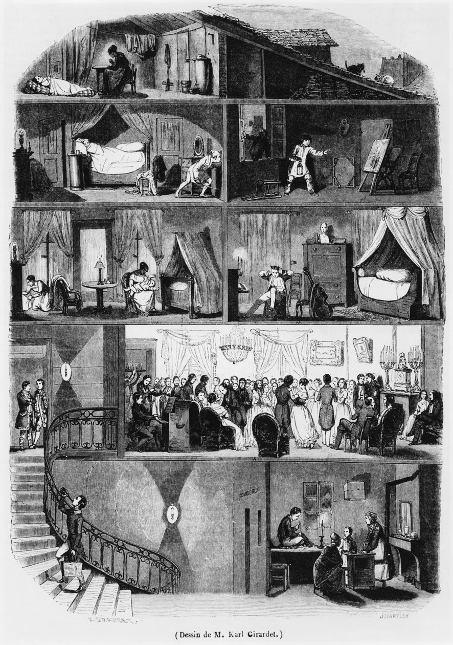 Seção de um edifício parisiense, ilustração de &39;Le Magasin Pittoresque&39;, gravada por John Quartley (fl.1835-67) 1847 de Karl Girardet
