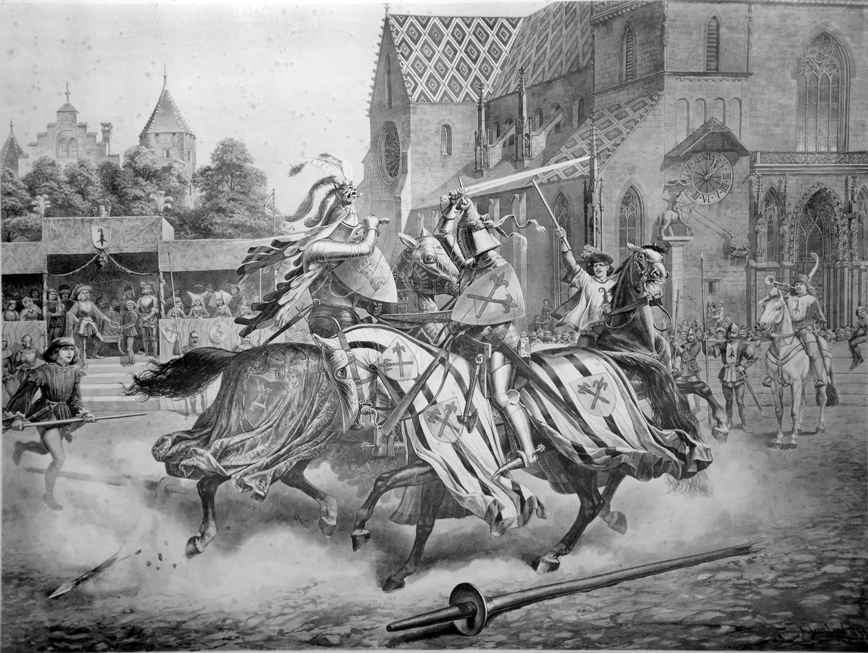 O torneio para Basileia entre Heinrich von Ramstein e o espanhol Don Merlo, em dezembro de 1428. Editora de Emil Birhäuser, Basel de Karl Jauslin