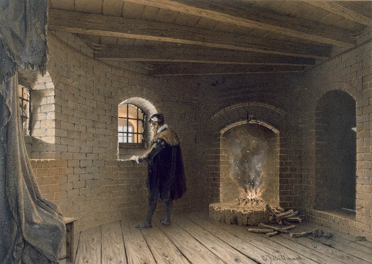 Prisão do duque João, filho de Gustav I, que Gripsholm, após o depósito de Erik, de "Desenhos após a natureza, interiores e exteriores da Suécia", publicou c.1853-64 de Karl Johann Billmark