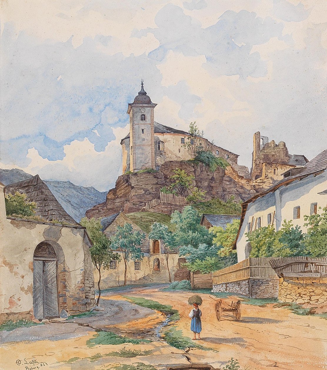 Vista das ruínas da ruína Rehberg no município KremsnInglês: Vista das ruínas do castelo Rehberg no município de Kremsn de Karl Lafite