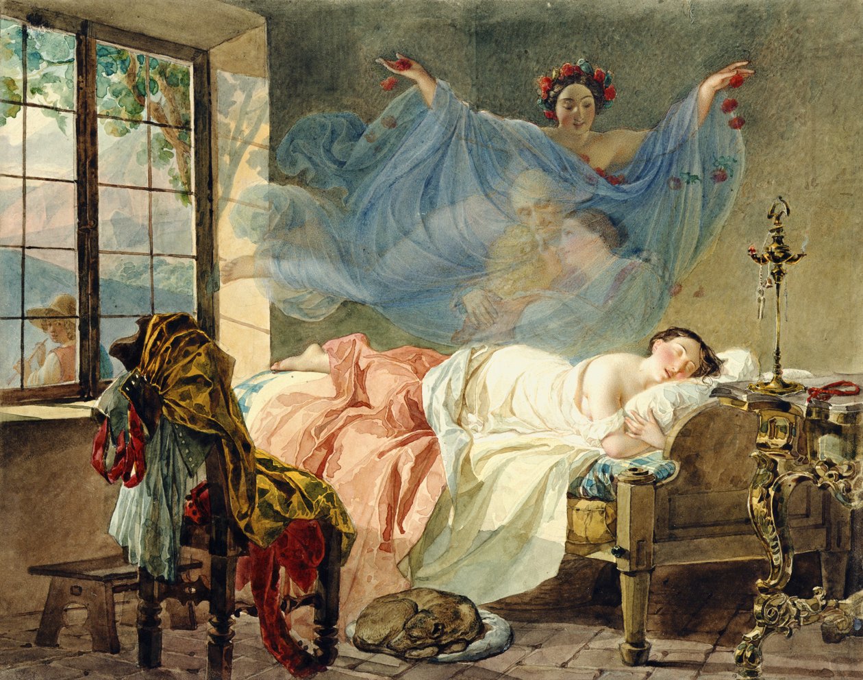 Sonhos de uma jovem ao amanhecer, 1830-33 (wc no cartão) de Karl Pavlovich Bryullov