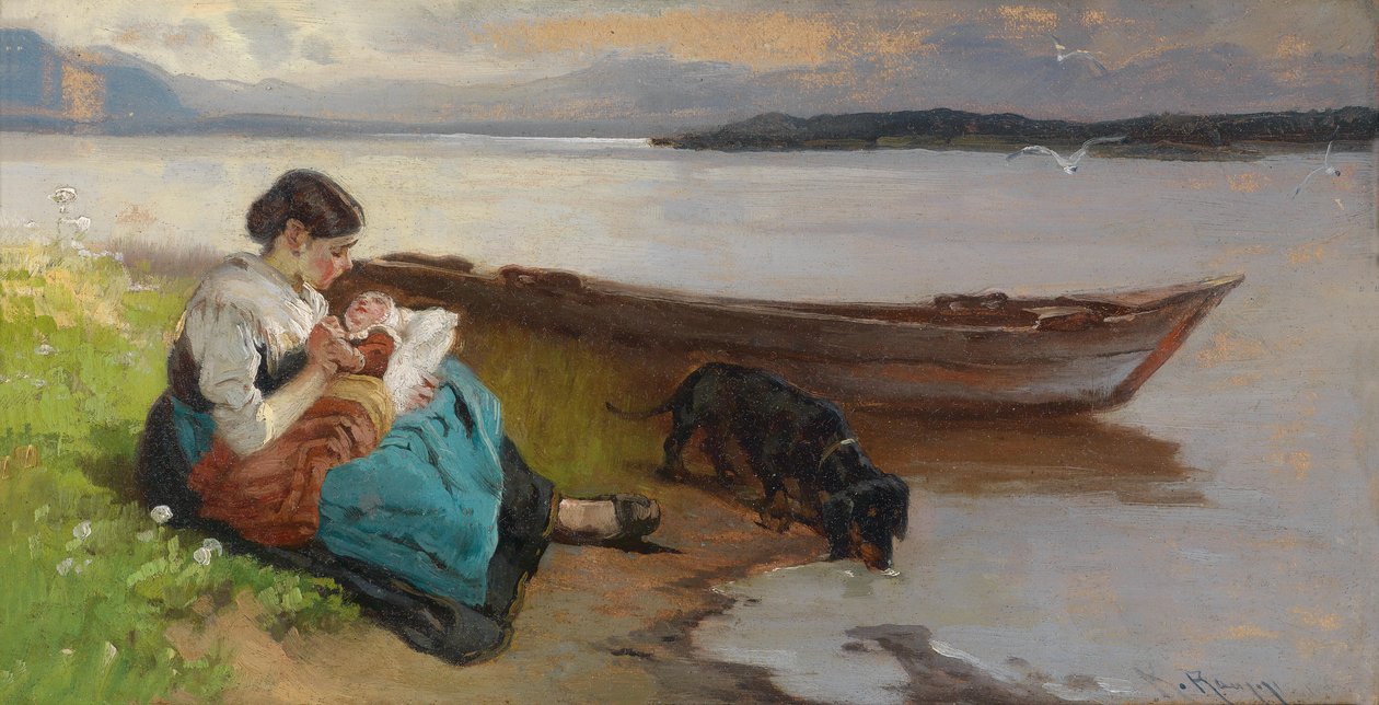 Mãe com criança na margem do lago de Karl Raupp