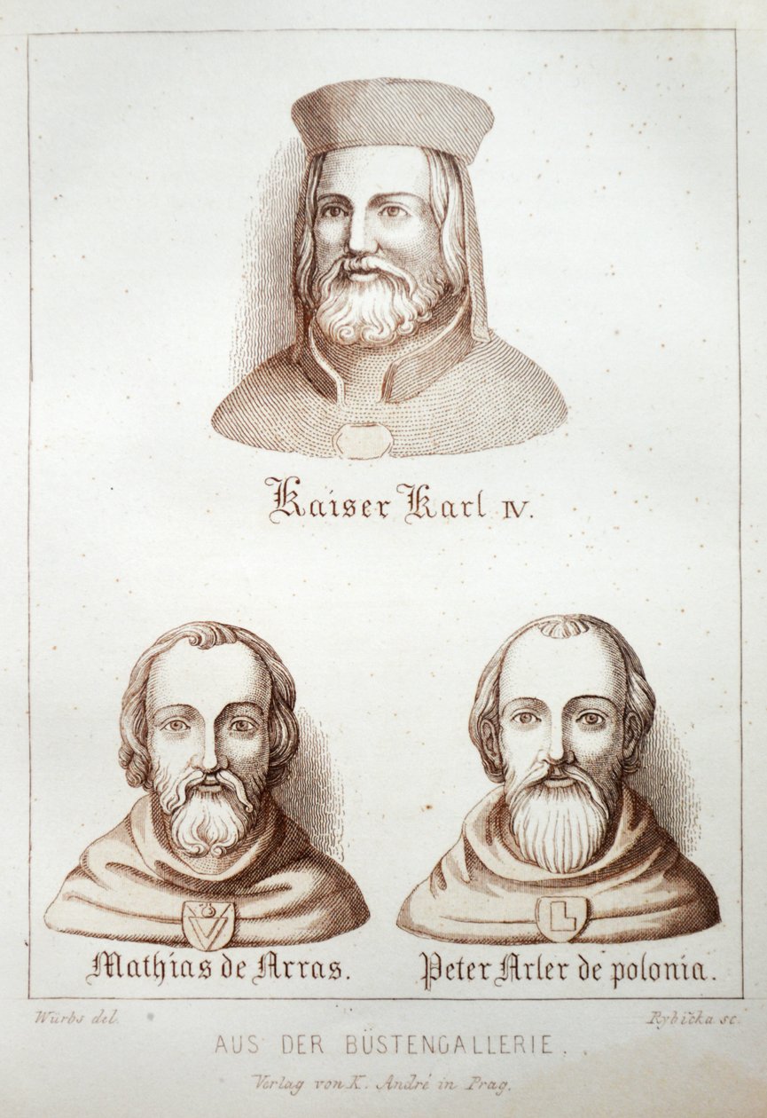 Ilustração do livro Der Dom zu Prag de 1858, que retrata os bustos na galeria de St. Vitus de Karl Wurbs