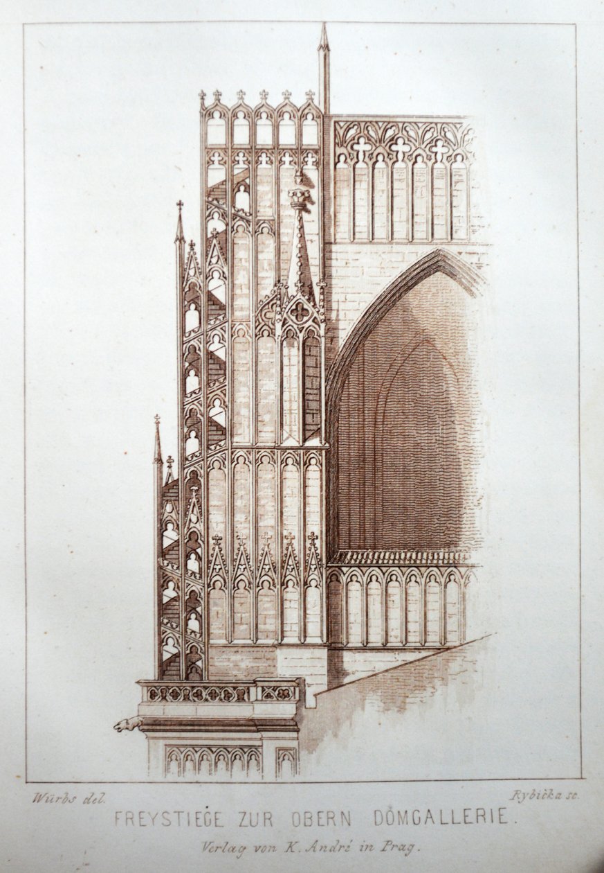 Ilustração do livro Der Dom zu Prag de 1858, que mostra a galeria da Catedral dos Santos. Vitus de Karl Wurbs