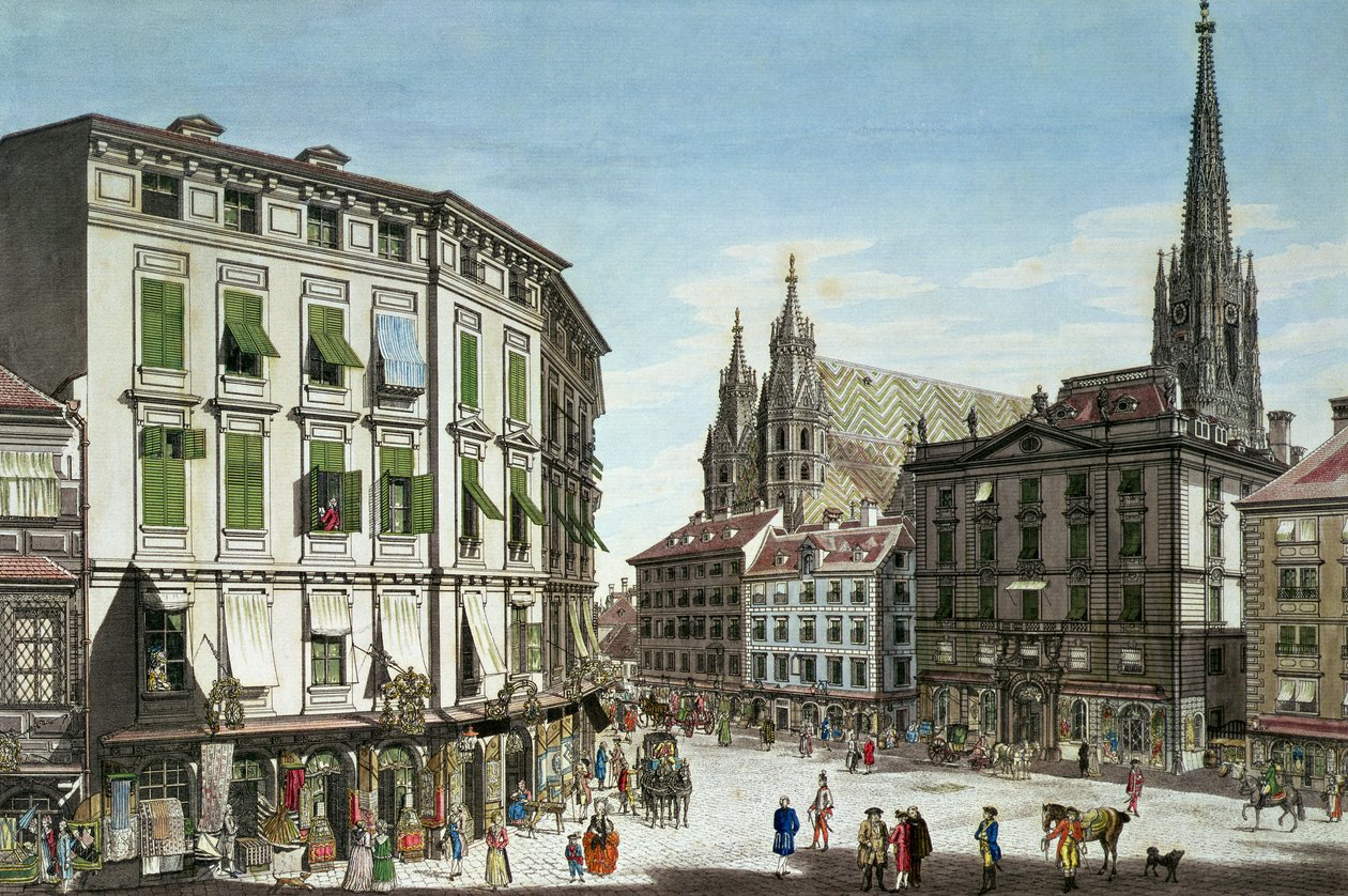 Stock-im-Eisen-Platz, com a Catedral de St. Stephan ao fundo, gravada pelo artista, 1779 de Carl Schütz