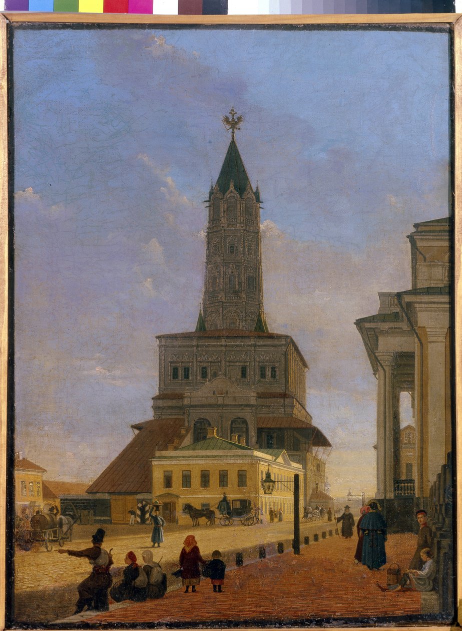 A Torre Sukharev em Moscovo. Construído em 1695 pelo arquitecto Choglokov e demolido em 1934, estava situado na esquina da Garden Ring e Stretenka Street. Pintura de Karl Petrovich Bodri (1812-1894), óleo sobre tela de Karl Fridrikh Petrovich Bodri