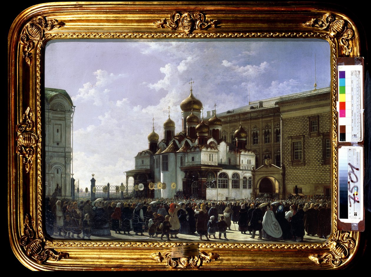 Procissão de Páscoa na Catedral de Maria Anunciação em Moscou. Pintura de Karl Petrovich Bodri (1812-1894). Óleo sobre tela, 61 x 85 cm de Karl Fridrikh Petrovich Bodri
