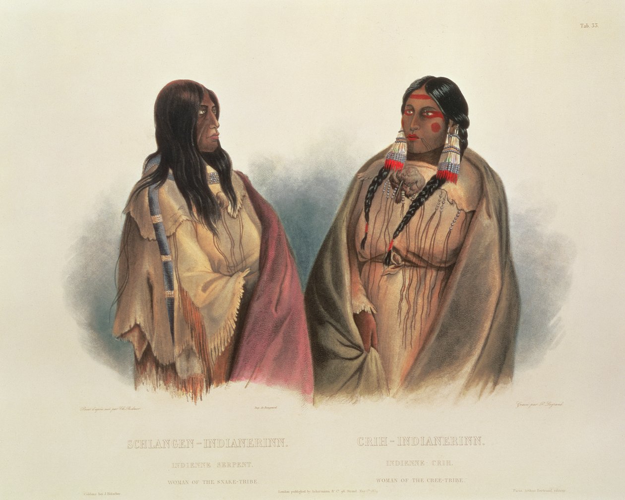 Mulher da tribo Snake e mulher da tribo Cree, placa 33 do volume 2 de "Viagens pelo interior da América do Norte". de Karl (after) Bodmer