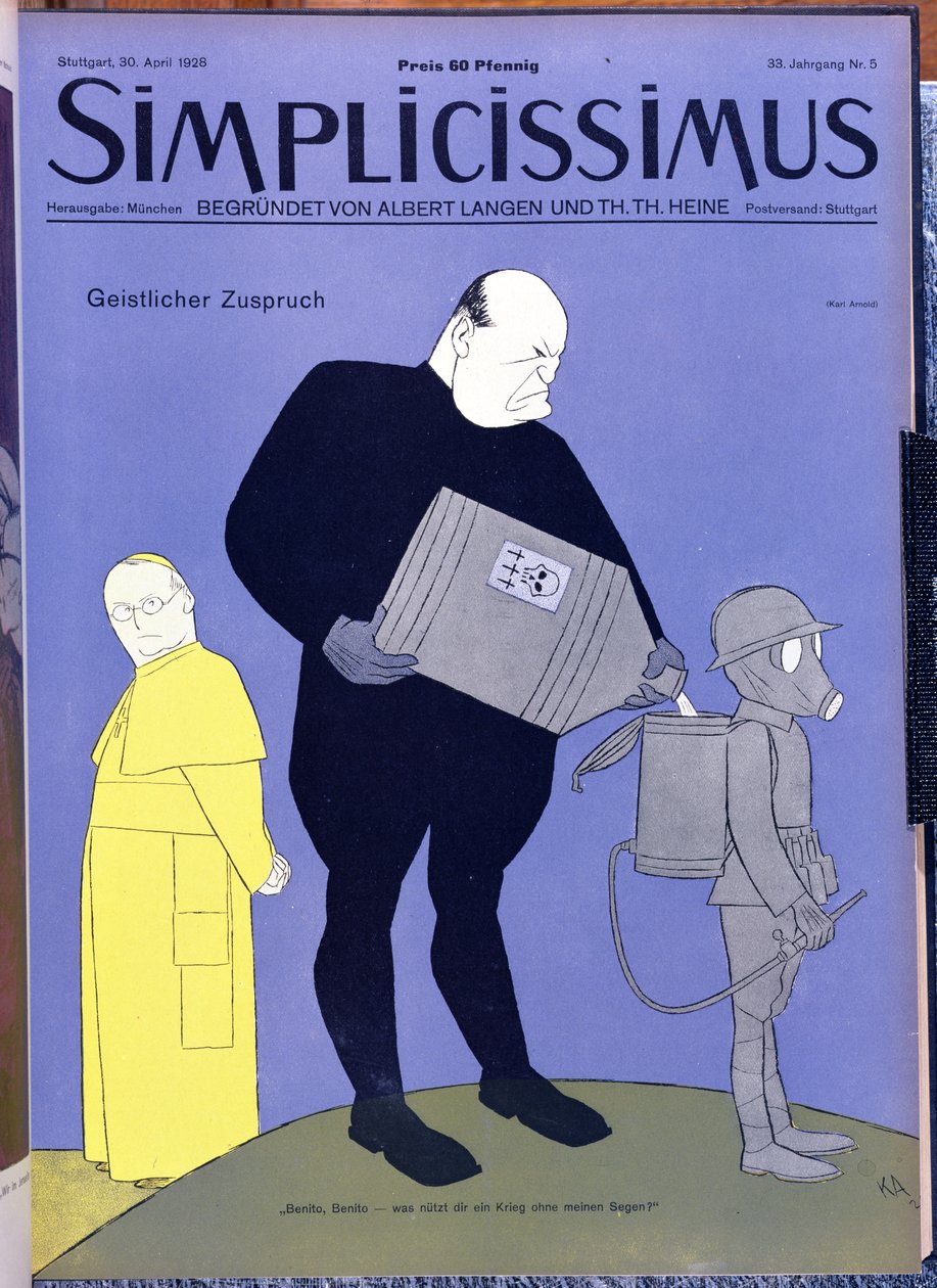 O Papa Pio XI (1857-1939) e Benito Mussolini (1883-1945) na capa da revista "Simplicissimus", 30 de abril de 1928 (litografia a cores) de Karl Arnold