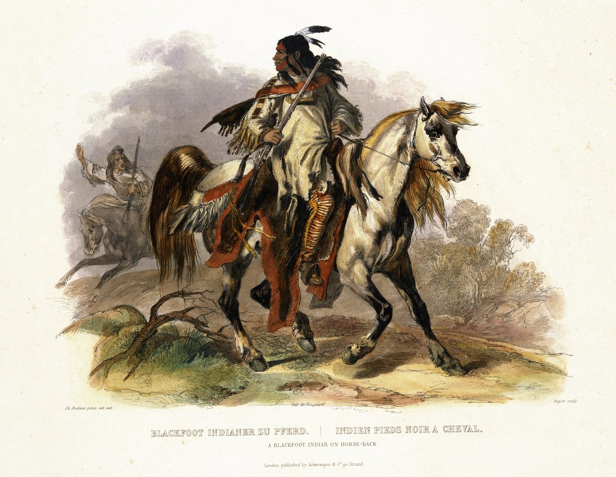 Um índio Blackfoot a cavalo, prato 19 do Volume 1 de &39;Viagens no Interior da América do Norte&39;, gravado por Leopold Beyer (1784-c.1870) 1843 (aquatint) de Karl Bodmer