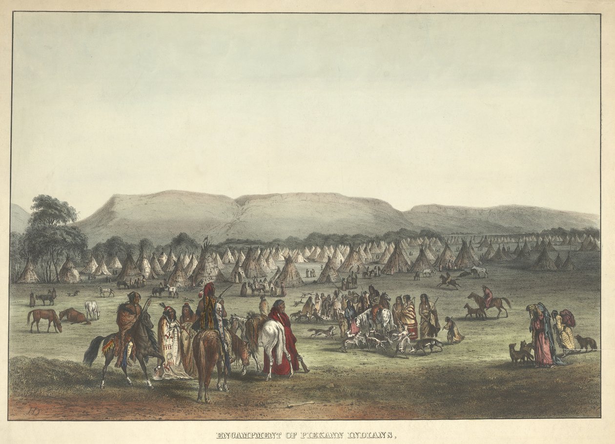Acampamento dos índios Piekann, pub. 1842 de Karl Bodmer