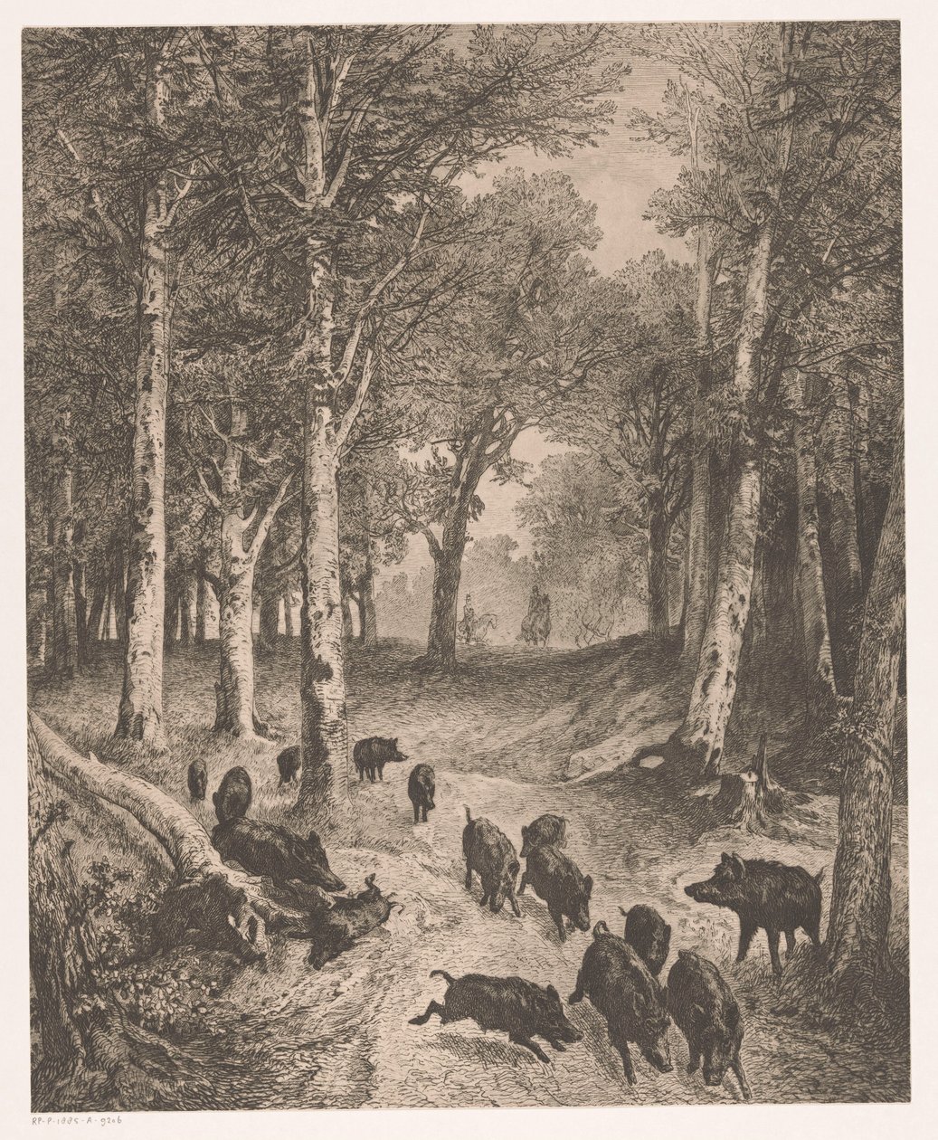 Grupo de javalis em fuga de dois caçadores a cavalo de Karl Bodmer
