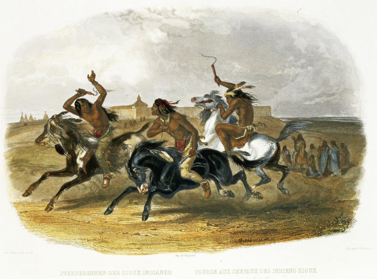 Corrida de cavalos de índios Sioux perto de Fort Pierre, prato 30 do Volume 1 de &39;Viagens no Interior da América do Norte&39;, gravado por Du Casse e Doherty, 1843 (aquatint) de Karl Bodmer