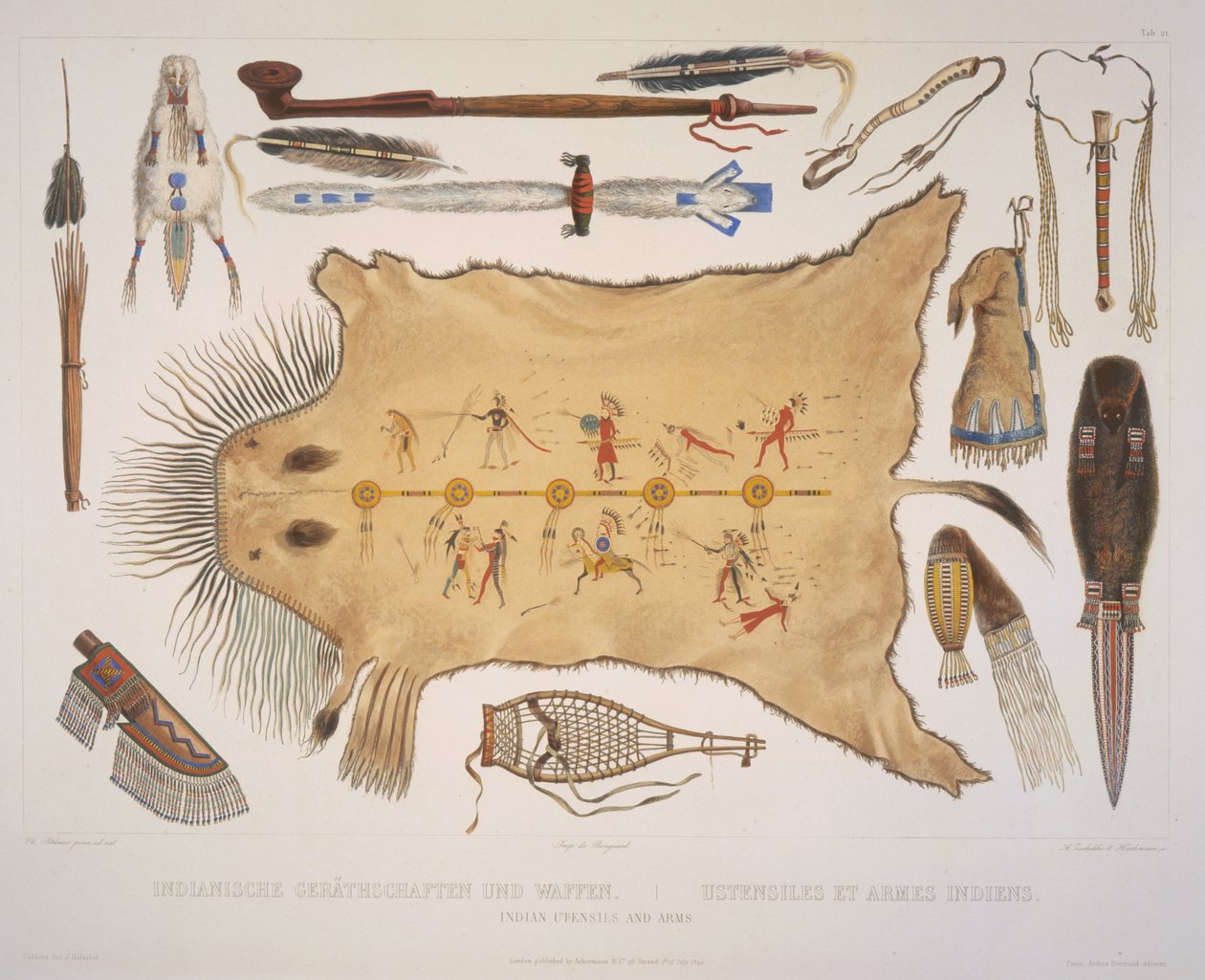 Utensílios e armas indianas, gravados por A. Zschokke e J. Hurliman, publicados em 1840 (aquatint) de Karl Bodmer
