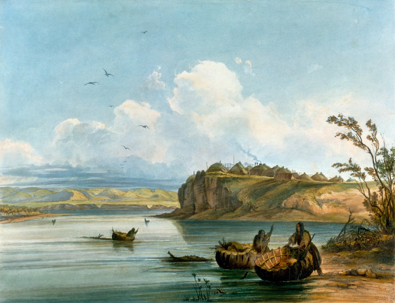 Mandan Native American Women crossing Missouri River on boats made of buffalo hide, Native American Civilization, Estados Unidos de Karl Bodmer