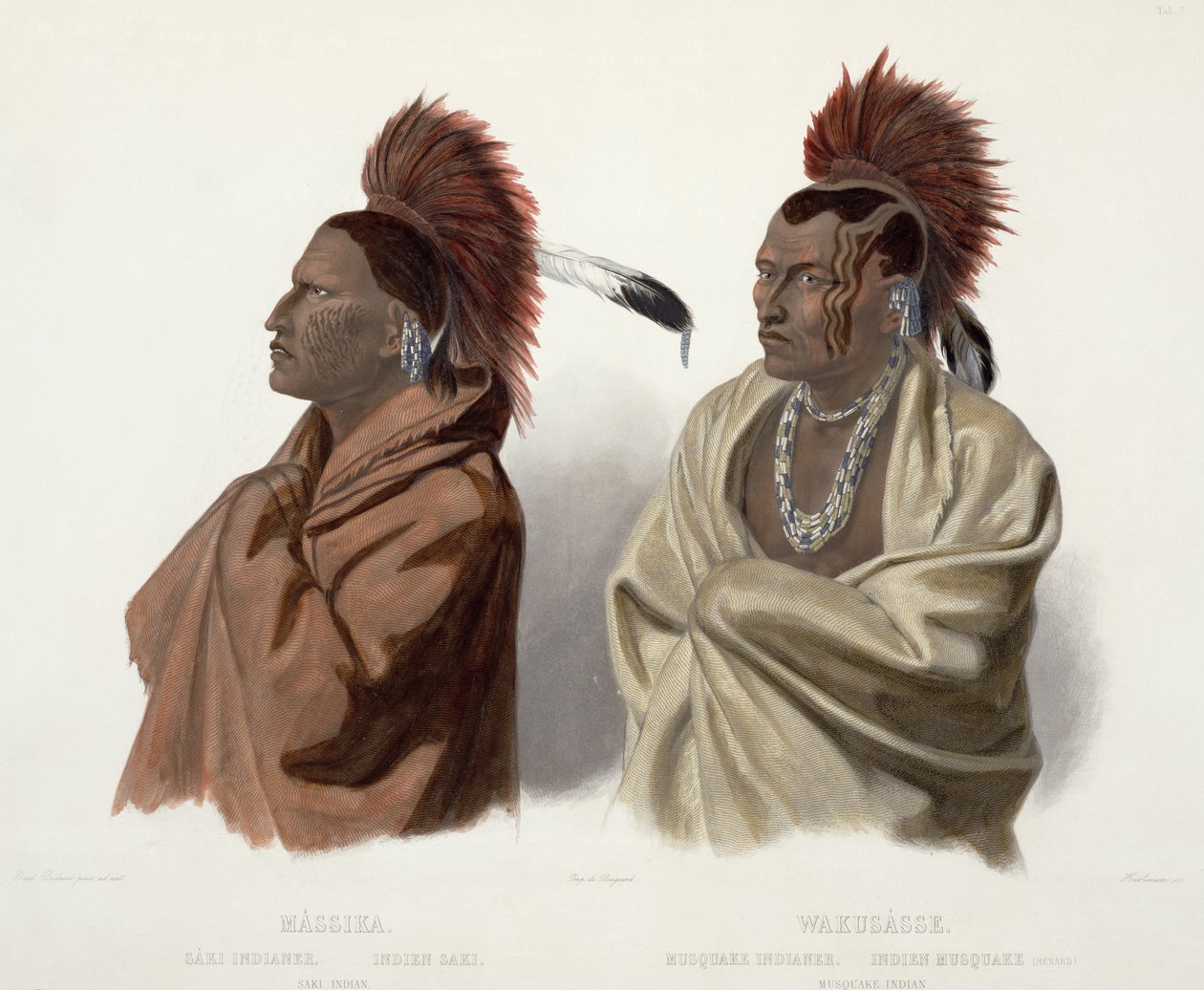 Massika, um índio Saki, e Wakusasse, um índio Musquake, prato 3 do Volume 2 de &39;Viagens no Interior da América do Norte&39;, gravado por J. Hurlimann, 1844 (aquatint) de Karl Bodmer