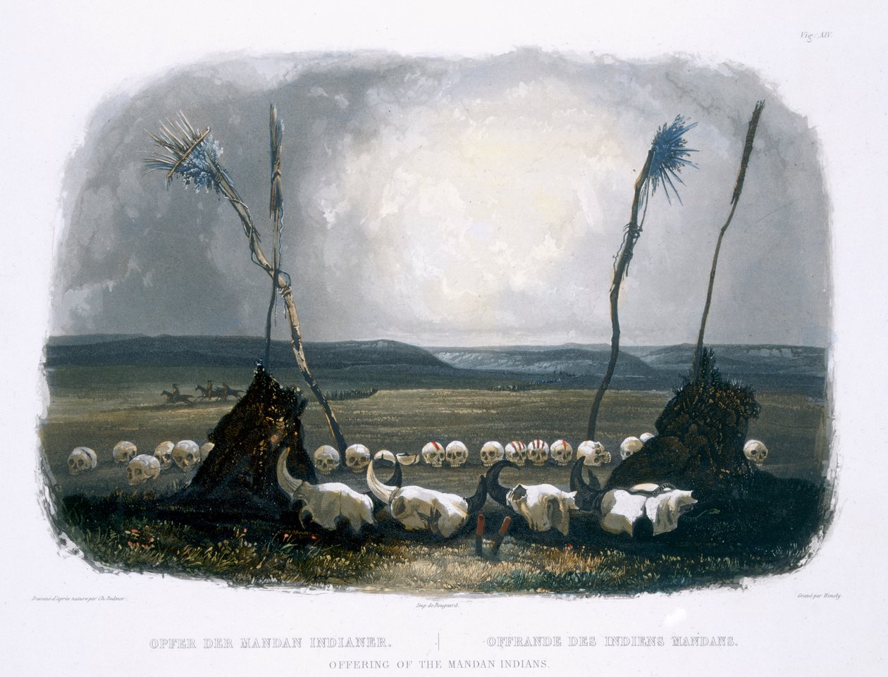 Oferta dos índios Mandan, placa 14 do Volume 1 de "Viagens no Interior da América do Norte", gravada por Sigismond Himely (1801-72) 1843 (aquatint) de Karl Bodmer