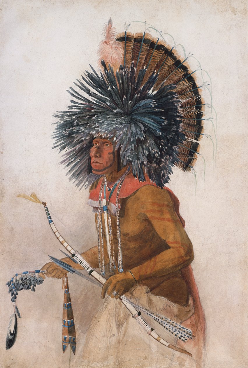 Pehriska-Ruhpa, guerreiro de Hidatsa, disfarçado de Dança do Cão de Karl Bodmer