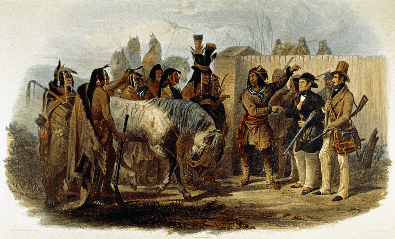 O Príncipe Max von Wied-Neuwied (1782-1867) e Karl Bodmer são cumprimentados pelos índios Hidatsa de Karl Bodmer