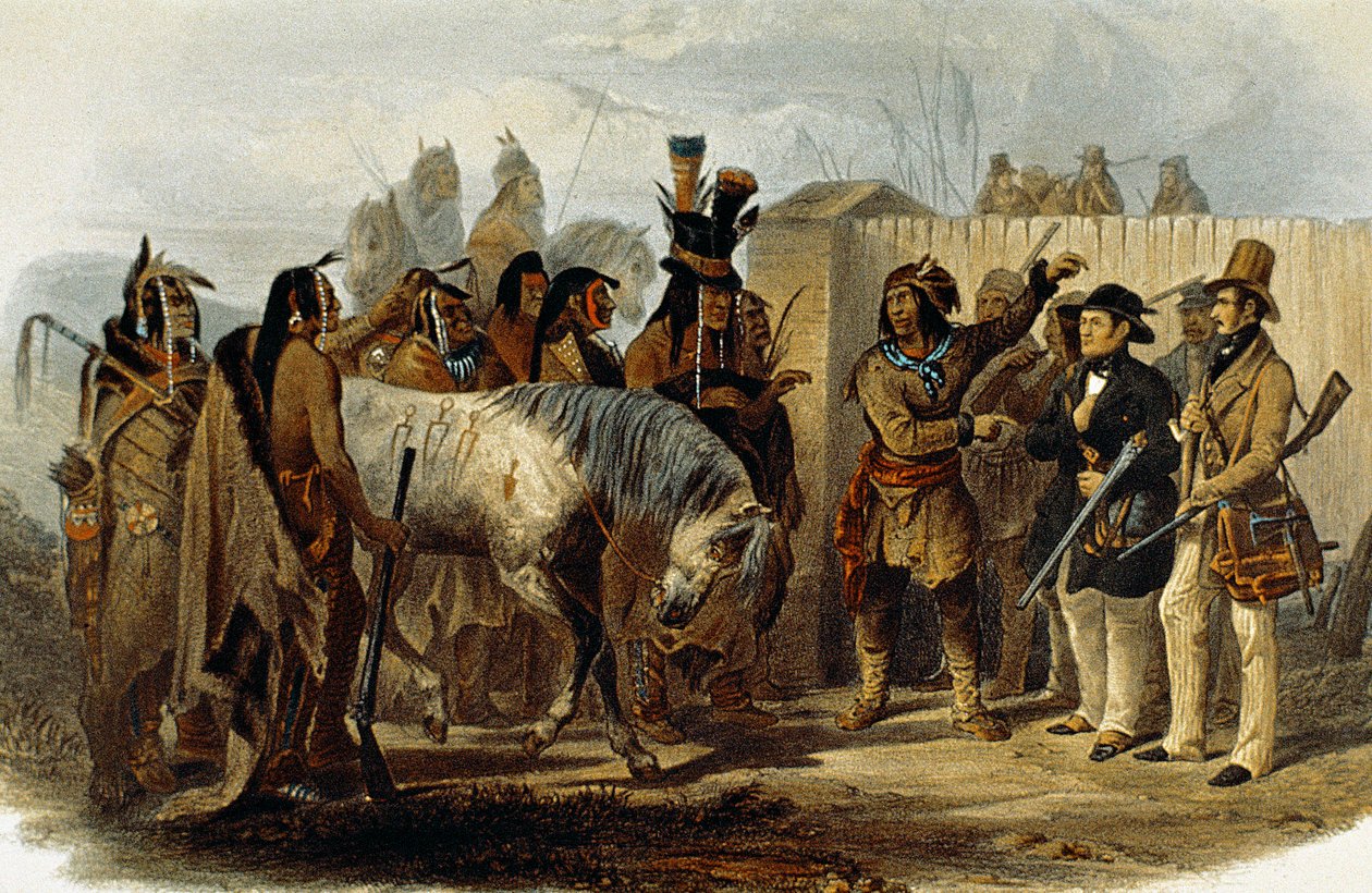 O Príncipe Max von Wied-Neuwied (1782-1867) e Karl Bodmer são cumprimentados pelos índios Hidatsa de Karl Bodmer