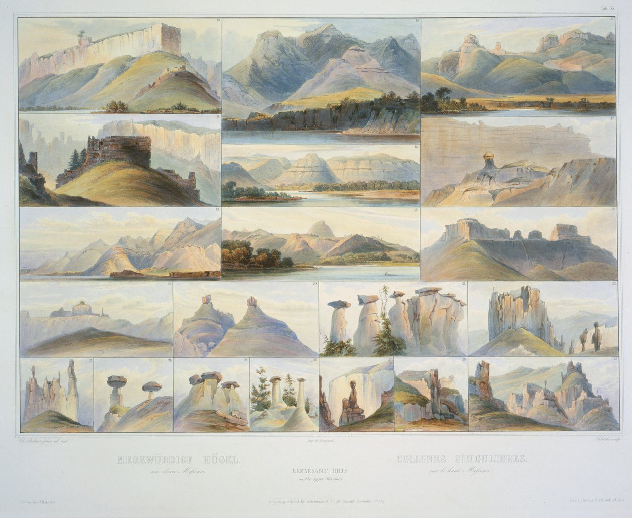 Colinas notáveis no Missouri superior, gravado por F. Salathe, publica em 1839 (aquatint) de Karl Bodmer