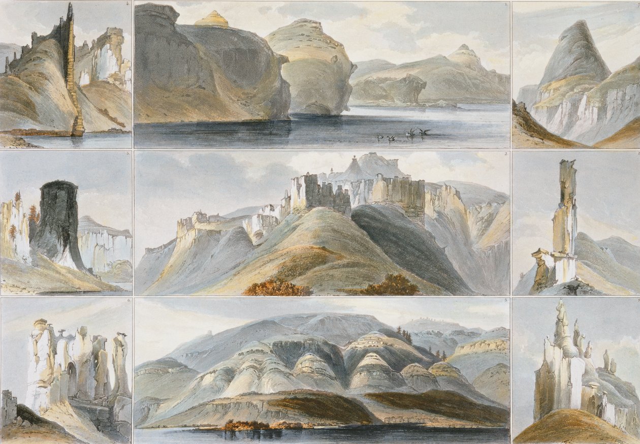 Colinas Notáveis no Alto Missouri, placa 34 do Volume 2 de &39;Viagens no Interior da América do Norte&39;, gravada por Friedrich Salathe (1793-1858) 1844 (aquatint) de Karl Bodmer