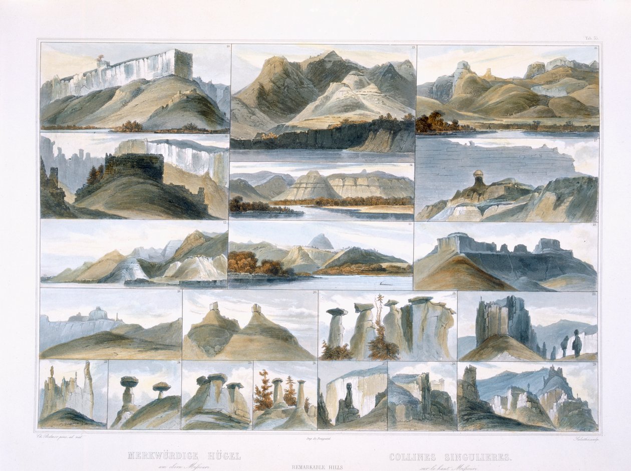 Colinas Notáveis no Alto Missouri, placa 35 do Volume 2 de &39;Viagens no Interior da América do Norte&39;, gravada por Friedrich Salathe (1793-1858) 1844 (aquatint) de Karl Bodmer