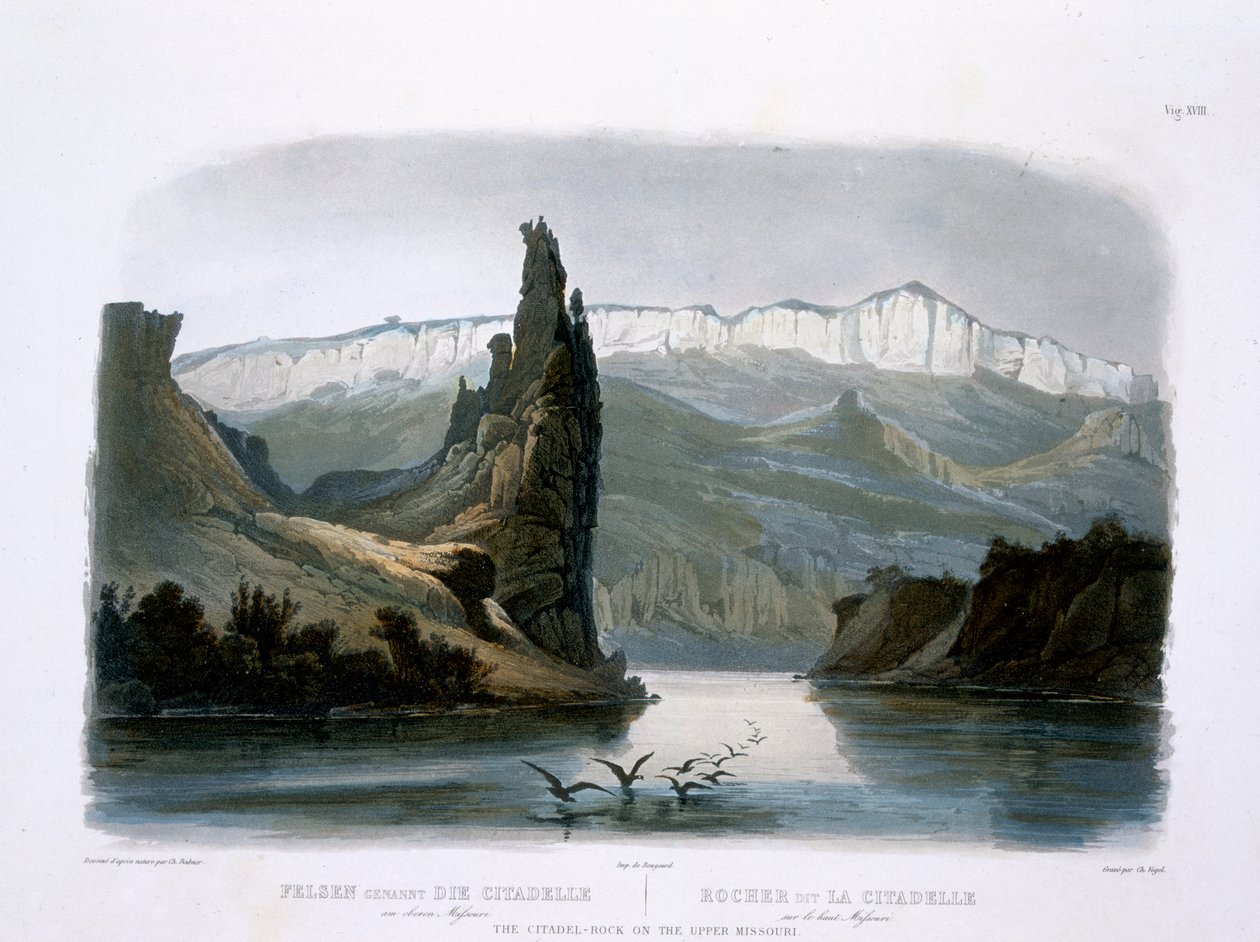 A rocha da cidadela no Missouri superior, placa 18 do volume 1 de &39;viagens no interior da América do Norte&39;, gravada por Carl Vogel (1816-51) 1843 (aquatint) de Karl Bodmer