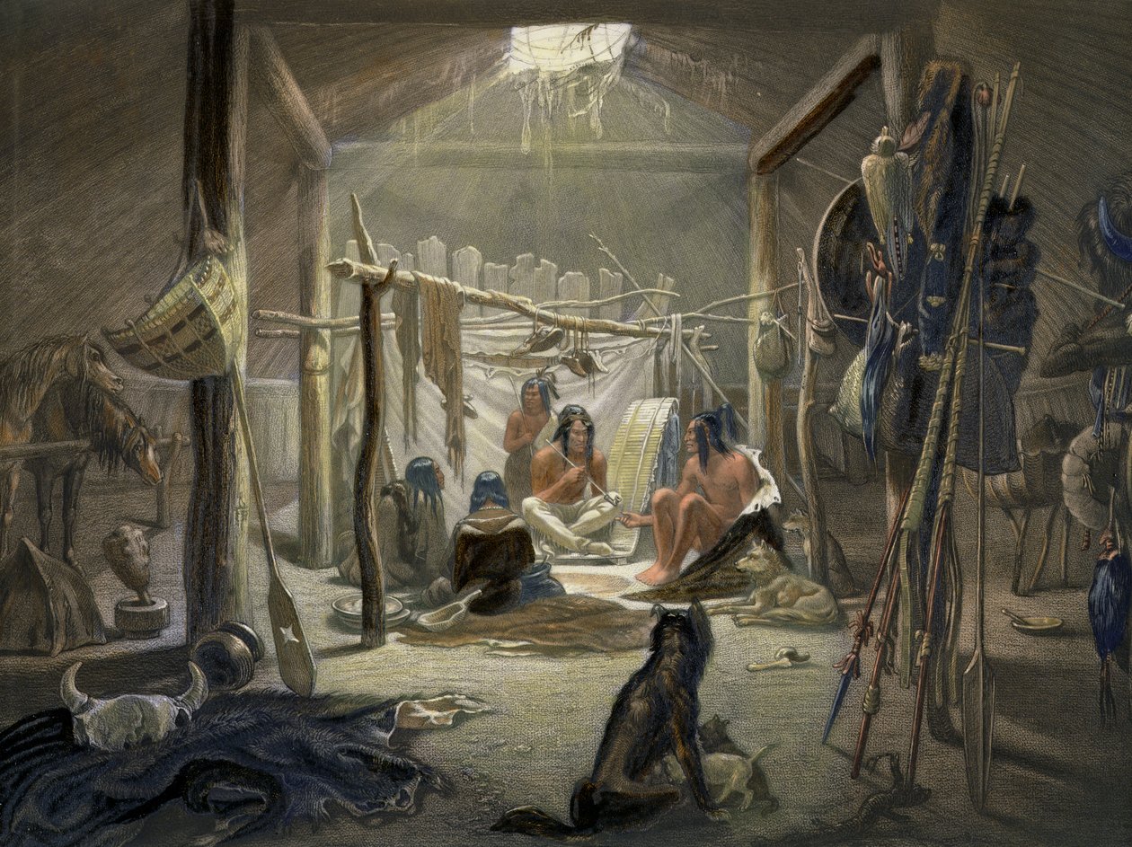 O Interior de uma cabana de um chefe Mandan, placa 19 do volume 2 de viagens no Interior da América do Norte, gravado por Narcisse Desmadryl, 1844 detalhe colorido aquatint de 103848 de Karl Bodmer