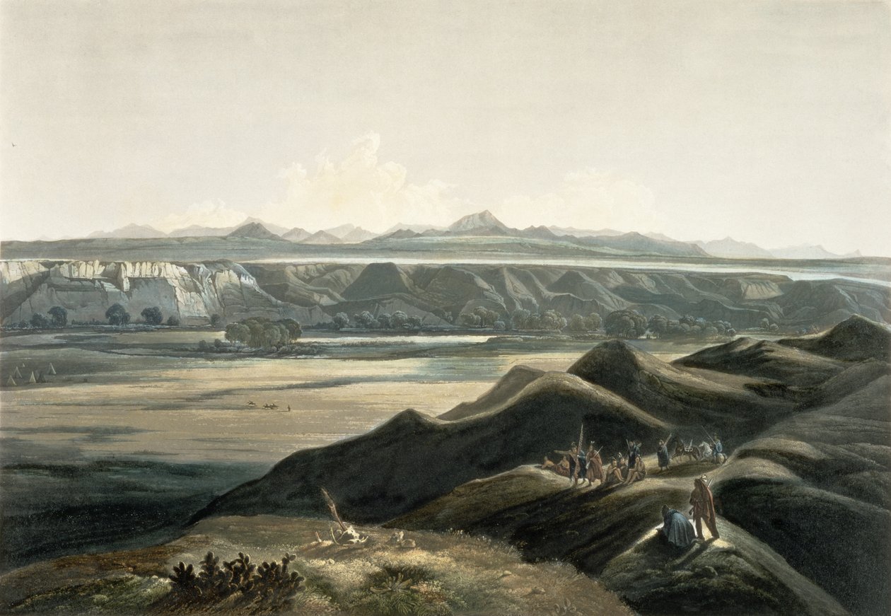 Vista das Montanhas Rochosas, placa 44 do Volume 2 de &39;Viagens no Interior da América do Norte&39;, gravada por Sigismond Himely (1801-72) 1844 (aquatint) de Karl Bodmer