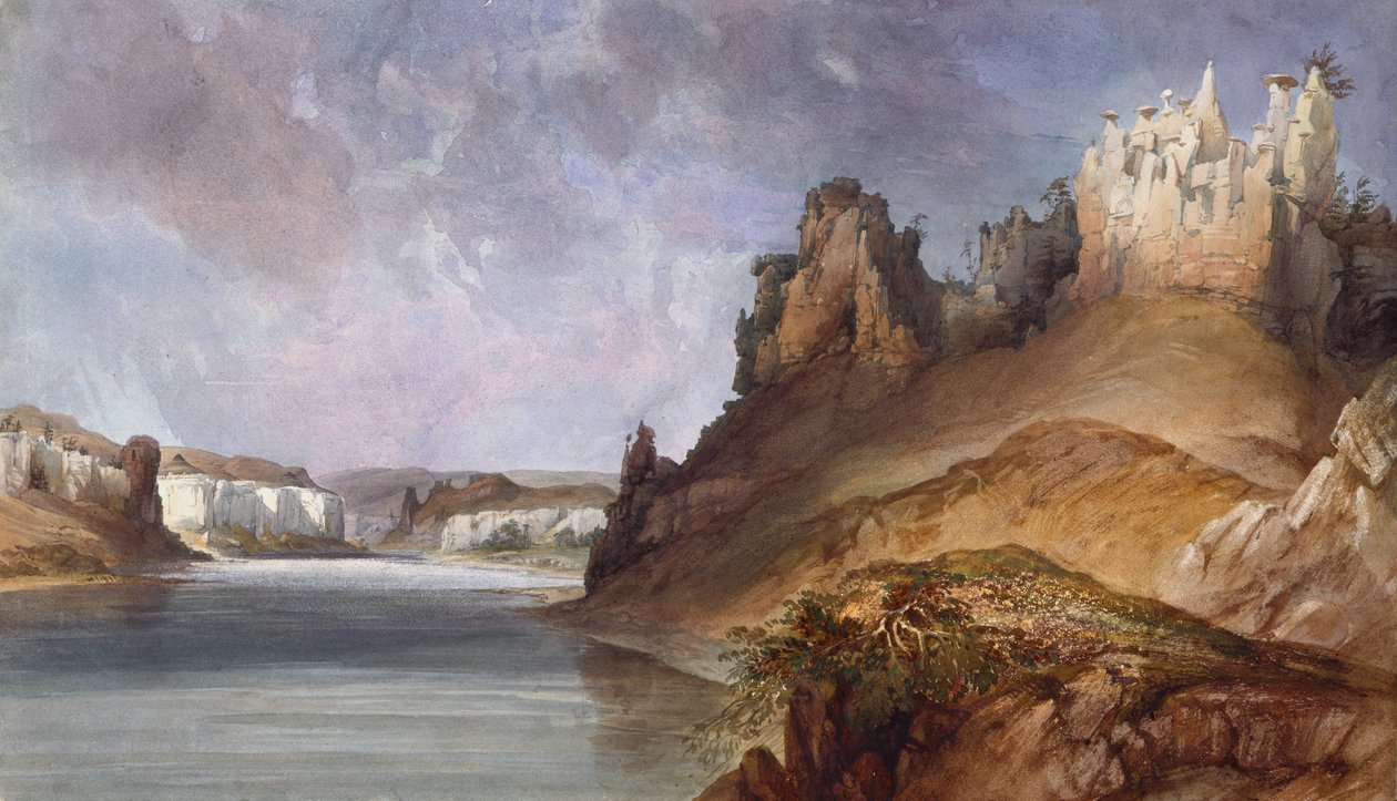 Vista das paredes de pedra no Alto Missouri de Karl Bodmer
