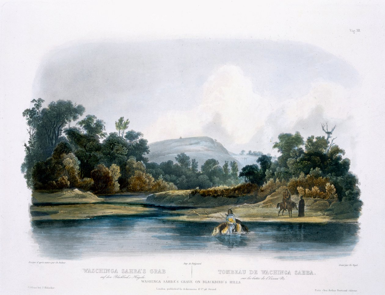 Túmulo de Washinga Sahba em Blackbird&39;s Hills, prato 12 do Volume 1 de &39;Viagens no Interior da América do Norte&39;, gravado por Carl Vogel (1816-51) 1843 (aquatint) de Karl Bodmer