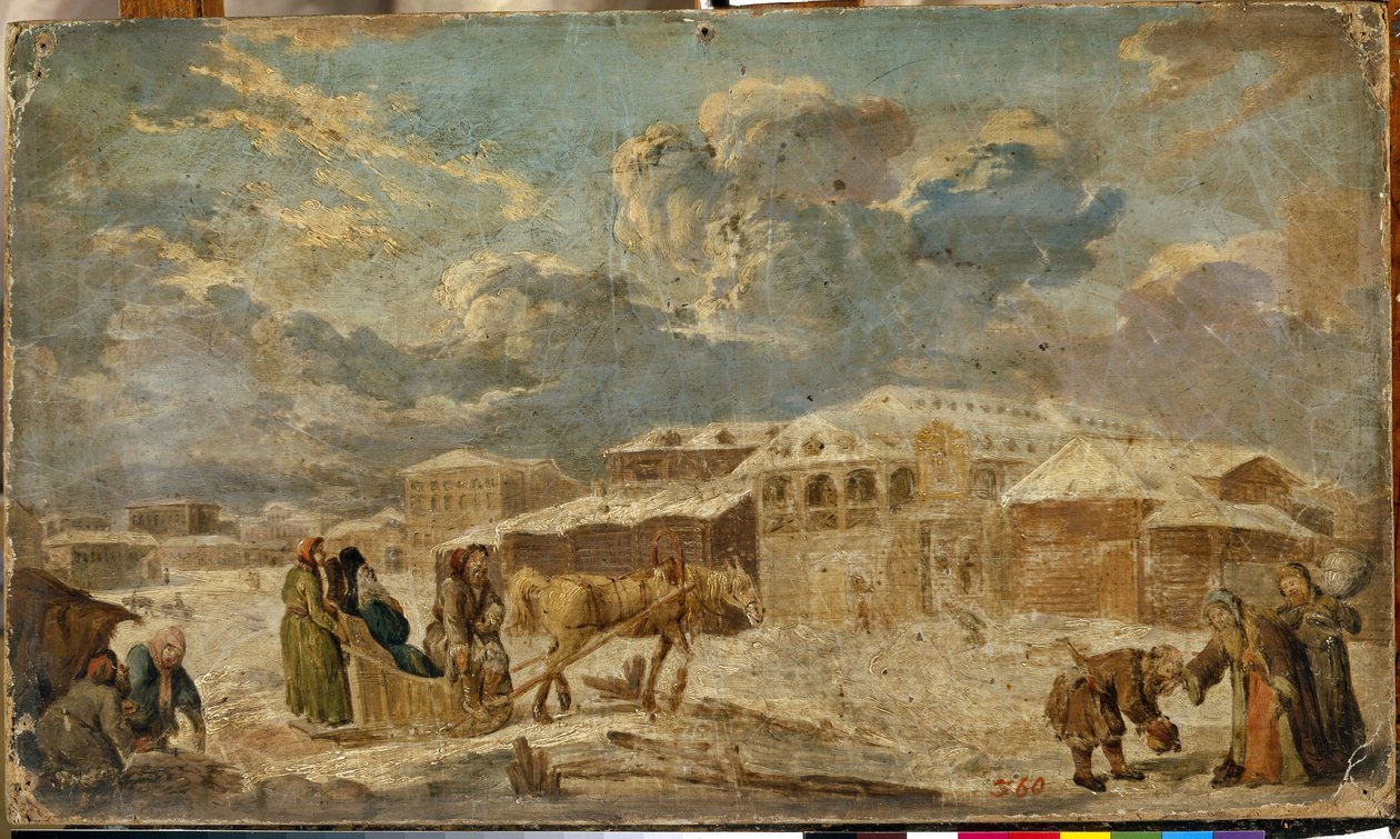 Praça da cidade no Inverno (São Petersburgo). Paisagem de Cityscape com edifícios e casas de madeira. Pintura de Karl Friedrich Knappe (1745-1808), óleo a bordo, segunda metade do século XVIII. Arte alemã de Karl Friedrich Knappe