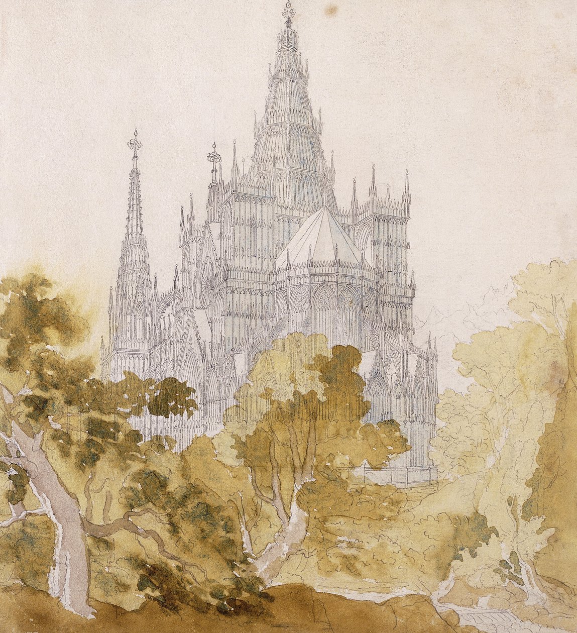 Um Cathederal gótico perto de Bauman; Uma catedral gótica atrás de Baumen, 1814-15 de Karl Friedrich Schinkel