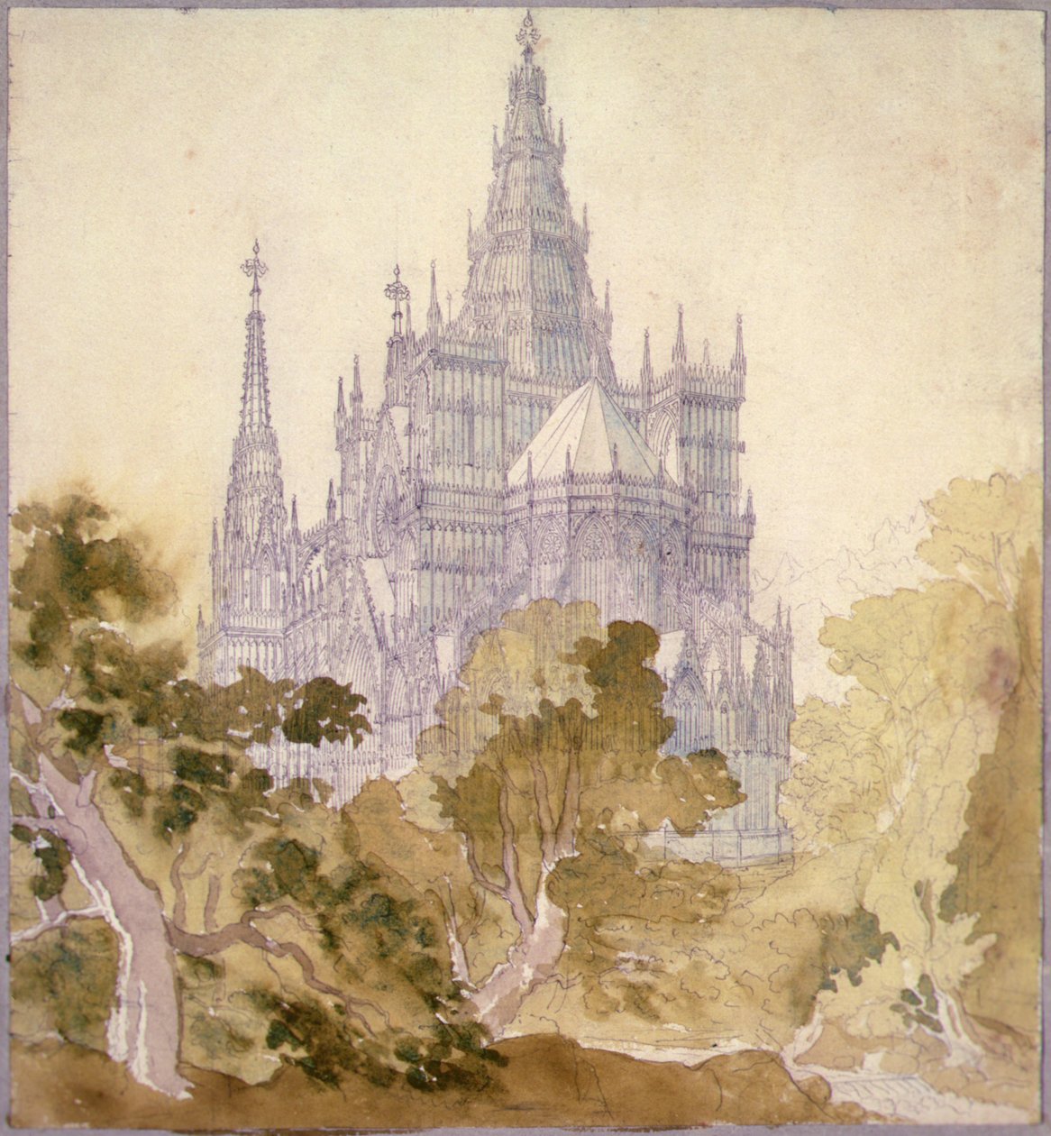 Uma paisagem arborizada com uma igreja gótica (lápis, tinta e aquarela) de Karl Friedrich Schinkel