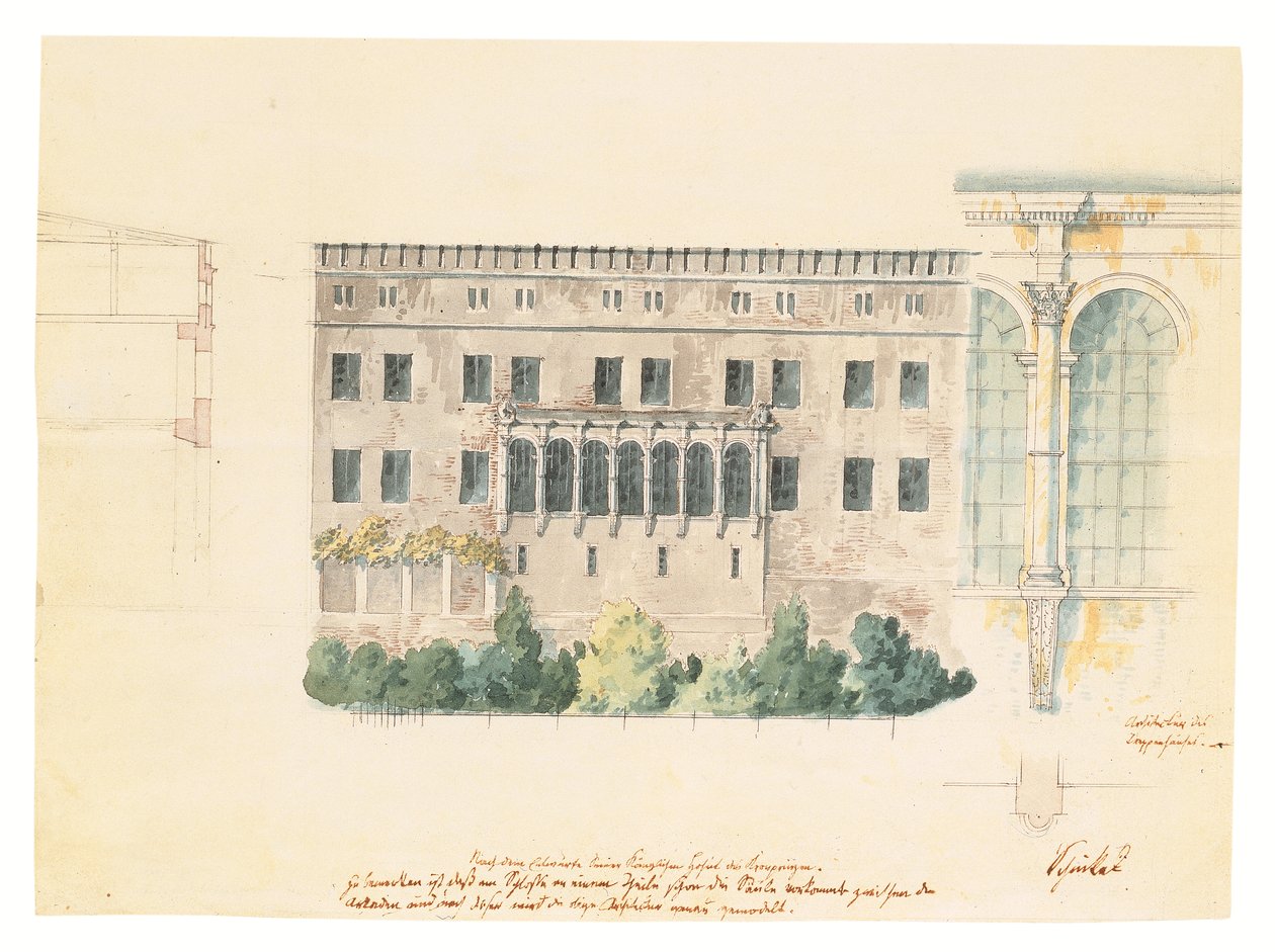 Um projeto para uma nova escada para a fachada norte do Schloss em Stettin, com um estudo subsidiário da loggia, um corte transversal da fachada e uma pilastra envolvida, c.1840 (lápis, caneta e tinta e de Karl Friedrich Schinkel